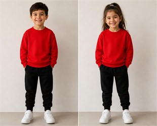 Uzun Kollu Unisex Çocuk Kırmızı Düz Baskısız Sweatshirt