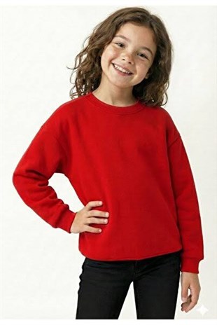 Uzun Kollu Unisex Çocuk Kırmızı Düz Baskısız Sweatshirt