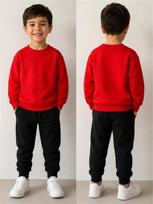 Uzun Kollu Unisex Çocuk Kırmızı Düz Baskısız Sweatshirt