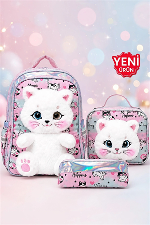 Premium Kız Çocuk Peluş Kedili Anaokulu Ve İlkokul Sırt Çantası Termal Beslenme Çantası Ve Kalemli