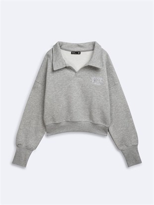 Ltb ZOKOFA Relaxed Fit Yaka Detaylı Yazı Baskılı Gri Sweatshırt
