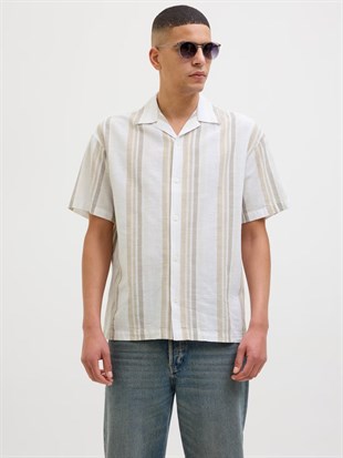 Jack & Jones Jprccsummer Stripe Resort S/S Shirt Sn Krem Erkek Kısa Kol Gömlek