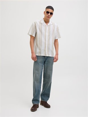 Jack & Jones Jprccsummer Stripe Resort S/S Shirt Sn Krem Erkek Kısa Kol Gömlek