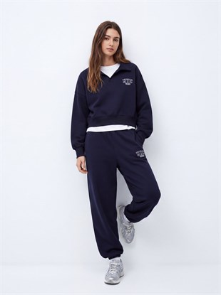 Ltb ZOKOFA Relaxed Fit Yaka Detaylı Yazı Baskılı Lacivert Sweatshırt