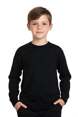 Basic Bisiklet Yaka UZUN KOL%100 Pamuk Likralı Düz Unisex Çocuk T-shirt