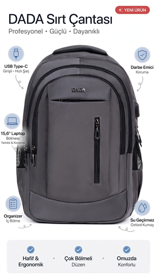 Dada USB Type-C Girişli Sırt Çantası 15,6 inç Organizer İç Bölme Darbe Emici Koruma Su Geçirmez Oxfo