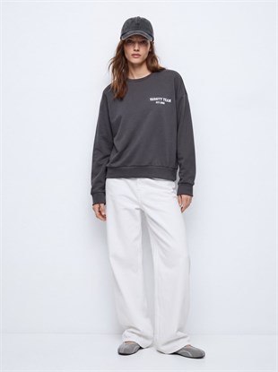 Ltb SAPAHE Regular Fit Yazı Baskılı Bisiklet Yaka Gri Sweatshırt