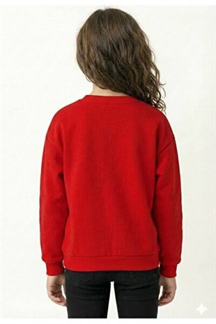 Uzun Kollu Unisex Çocuk Kırmızı Düz Baskısız Sweatshirt