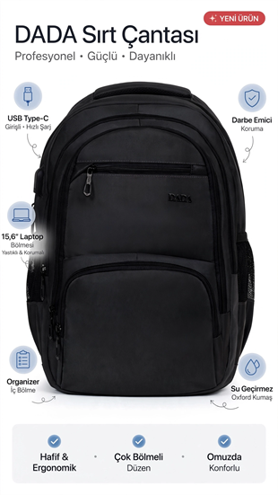 Dada USB Type-C Girişli Sırt Çantası 15,6 inç Organizer İç Bölme Darbe Emici Koruma Su Geçirmez Oxfo