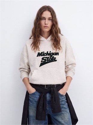 Ltb MERASA Regular Fit Baskı Detaylı Kapüşonlu Bej Sweatshırt