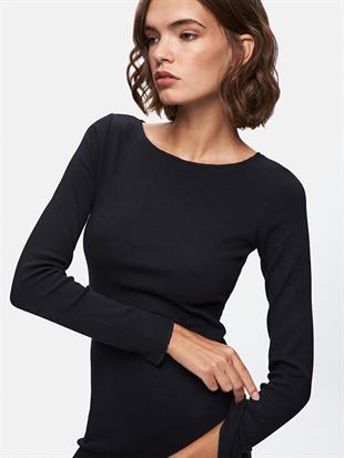 Ltb Düz Kayık Yaka Uzun Kollu Slim Fit Midi Siyah Elbise