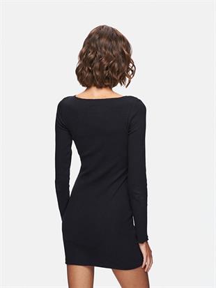 Ltb Düz Kayık Yaka Uzun Kollu Slim Fit Midi Siyah Elbise