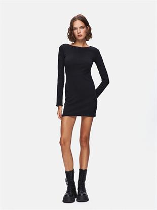 Ltb Düz Kayık Yaka Uzun Kollu Slim Fit Midi Siyah Elbise