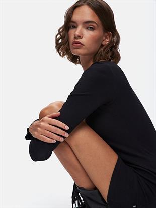 Ltb Düz Kayık Yaka Uzun Kollu Slim Fit Midi Siyah Elbise