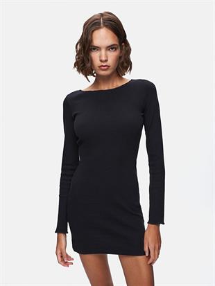 Ltb Düz Kayık Yaka Uzun Kollu Slim Fit Midi Siyah Elbise