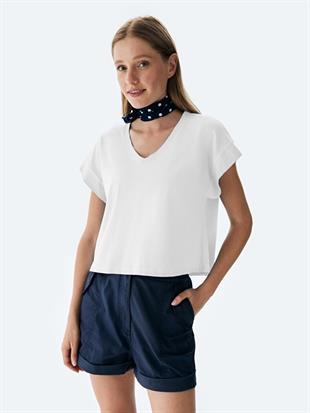 Ltb NOMAKA  Kadın V Yaka Oversize Yıkamalı Kısa Kol  T-shırt 12248001160016
