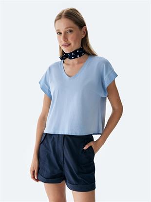 Ltb NOMAKA  Kadın V Yaka Oversize Yıkamalı Kısa Kol  T-shırt 12248001160016