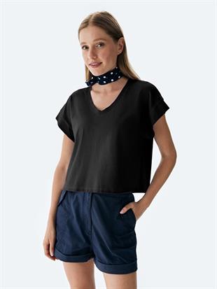 Ltb NOMAKA  Kadın V Yaka Oversize Yıkamalı Kısa Kol  T-shırt 12248001160016