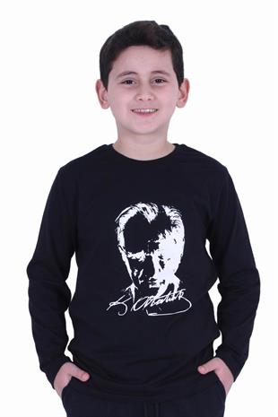 Atatürk Baskılı UZUN KOL Baskılı Atatürk Imzalı Unisex Çocuk T-shırt
