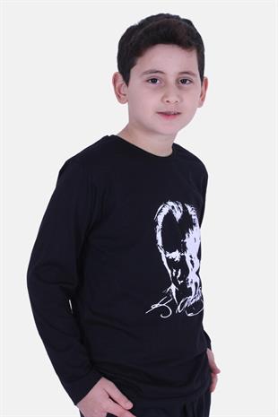 Atatürk Baskılı UZUN KOL Baskılı Atatürk Imzalı Unisex Çocuk T-shırt