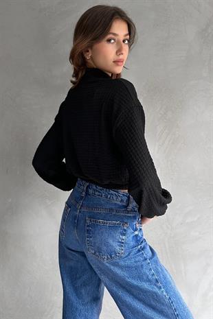 Defile Balıkçı Yaka Dokulu Crop Bluz