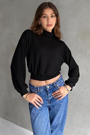 Defile Balıkçı Yaka Dokulu Crop Bluz