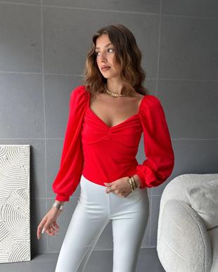 Defile Kare Yaka Büzgü Detaylı Bluz