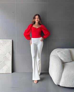Defile Kare Yaka Büzgü Detaylı Bluz