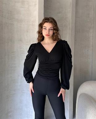 Defile V Yaka Drape Detaylı Crep Bluz