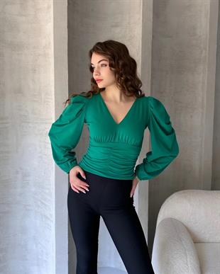 Defile V Yaka Drape Detaylı Crep Bluz