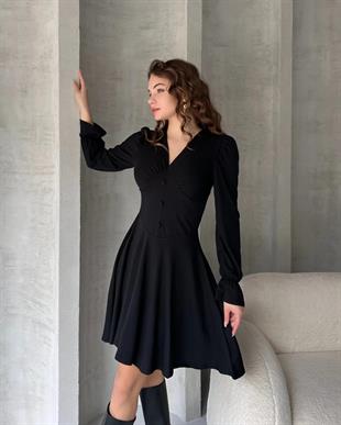 Defile V Yaka Düğme Detaylı Mini Crep Elbise
