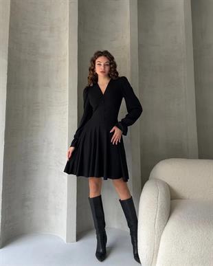 Defile V Yaka Düğme Detaylı Mini Crep Elbise