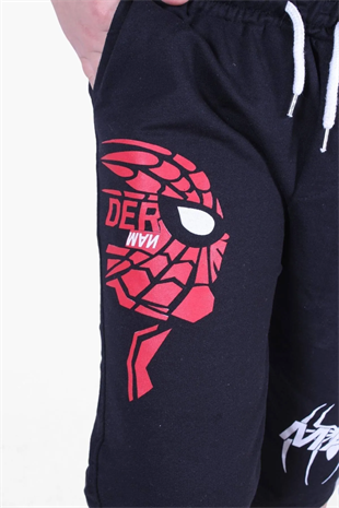 spiderman Baskılı Yüksel Bel Cepli Erkek Çocuk Siyah Kapri Şort