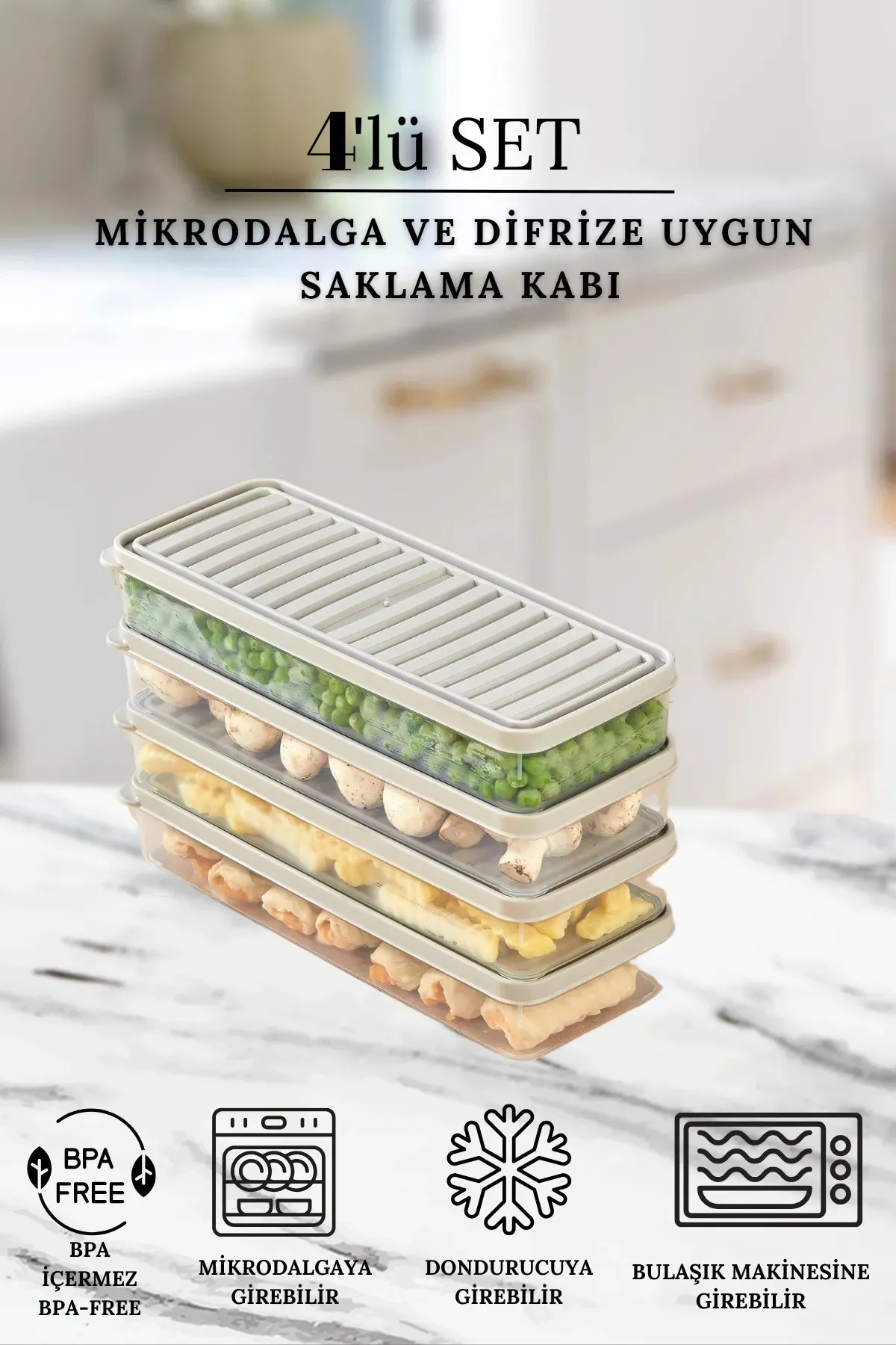 Buzdolabı Ve Mikrodalga Saklama Kabı - Bej Buzdolabı Organizeri3x 1000ml