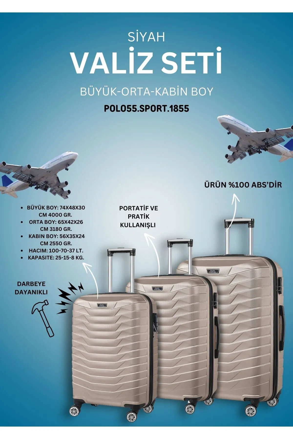 Gold Renkli 3'lü Valiz Seti