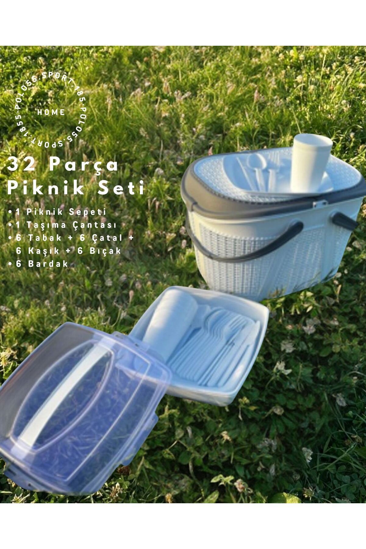 Home 32 Parça Piknik Seti Sepet Çantalı Bardak, Çatal, Kaşık,bıçak,tabak Seti 32 Piece Picnic Set