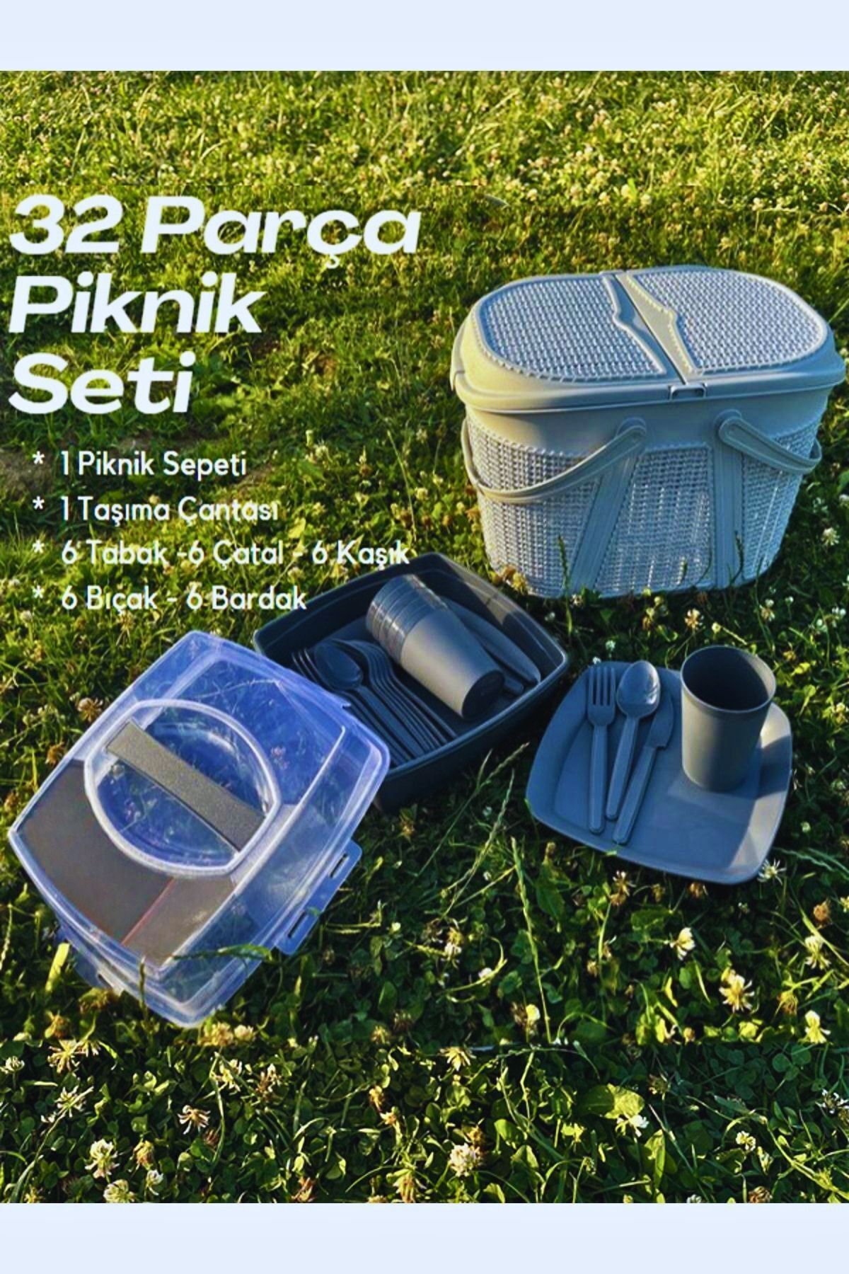 Home 32 Parça Piknik Seti Sepet Çantalı Bardak,çatal,kaşık,bıçak,tabak Seti 32 Piece Picnic Set.