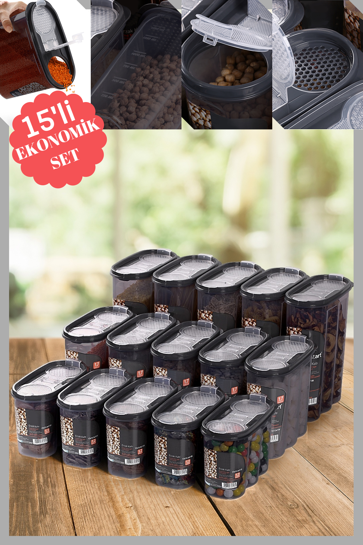 King Mop 15'li Sızdırmaz Kapaklı Erzak Saklama Kabı Seti 5 x (1200 Ml, 1700 Ml, 2400 Ml) FÜKMMSK-01