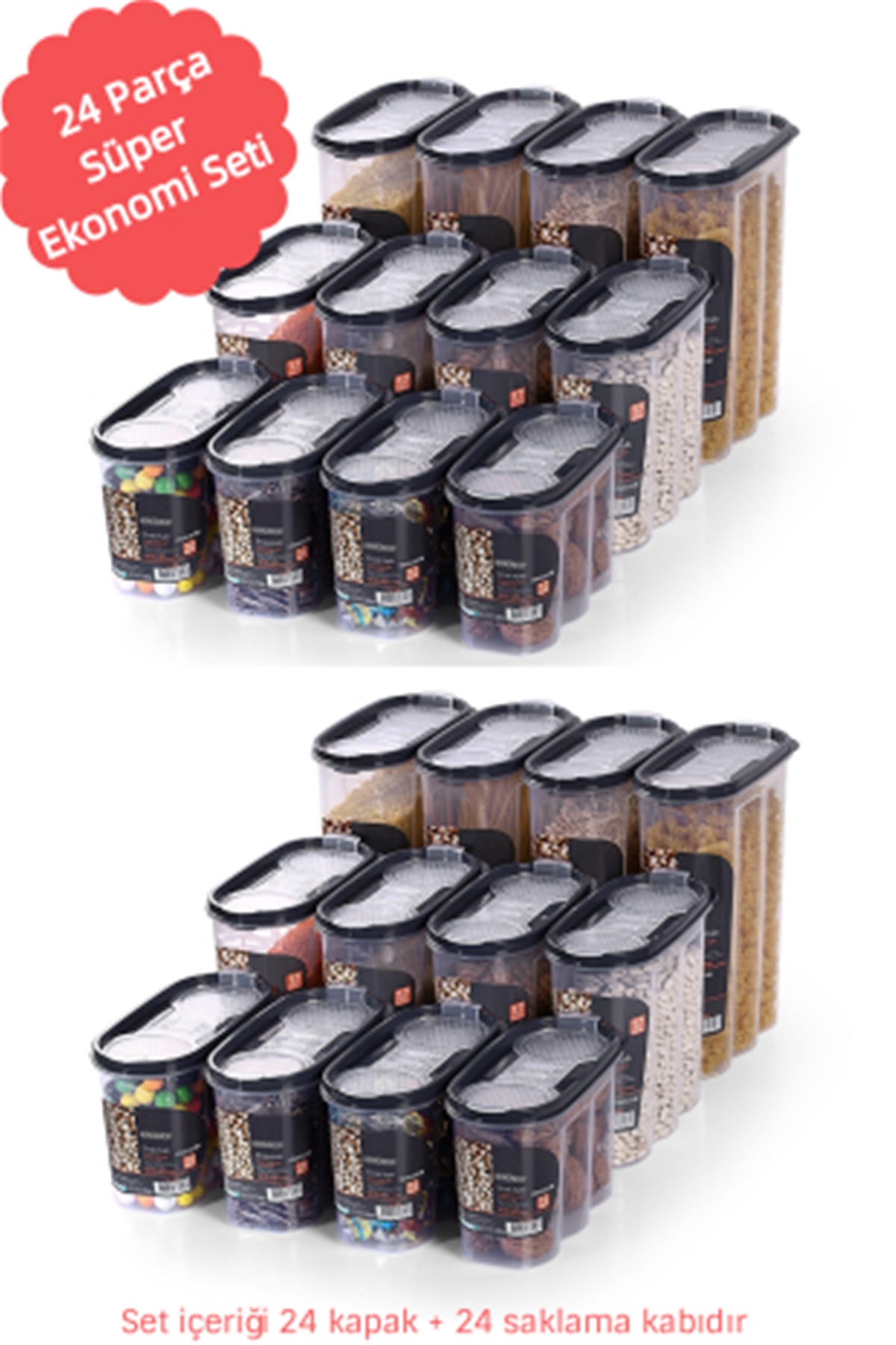 King Mop 24'lü Sızdırmaz Kapaklı Erzak Saklama Kabı Seti 8 x ( 1200 Ml, 1700 Ml, 2400 Ml) FÜKMMSK-01