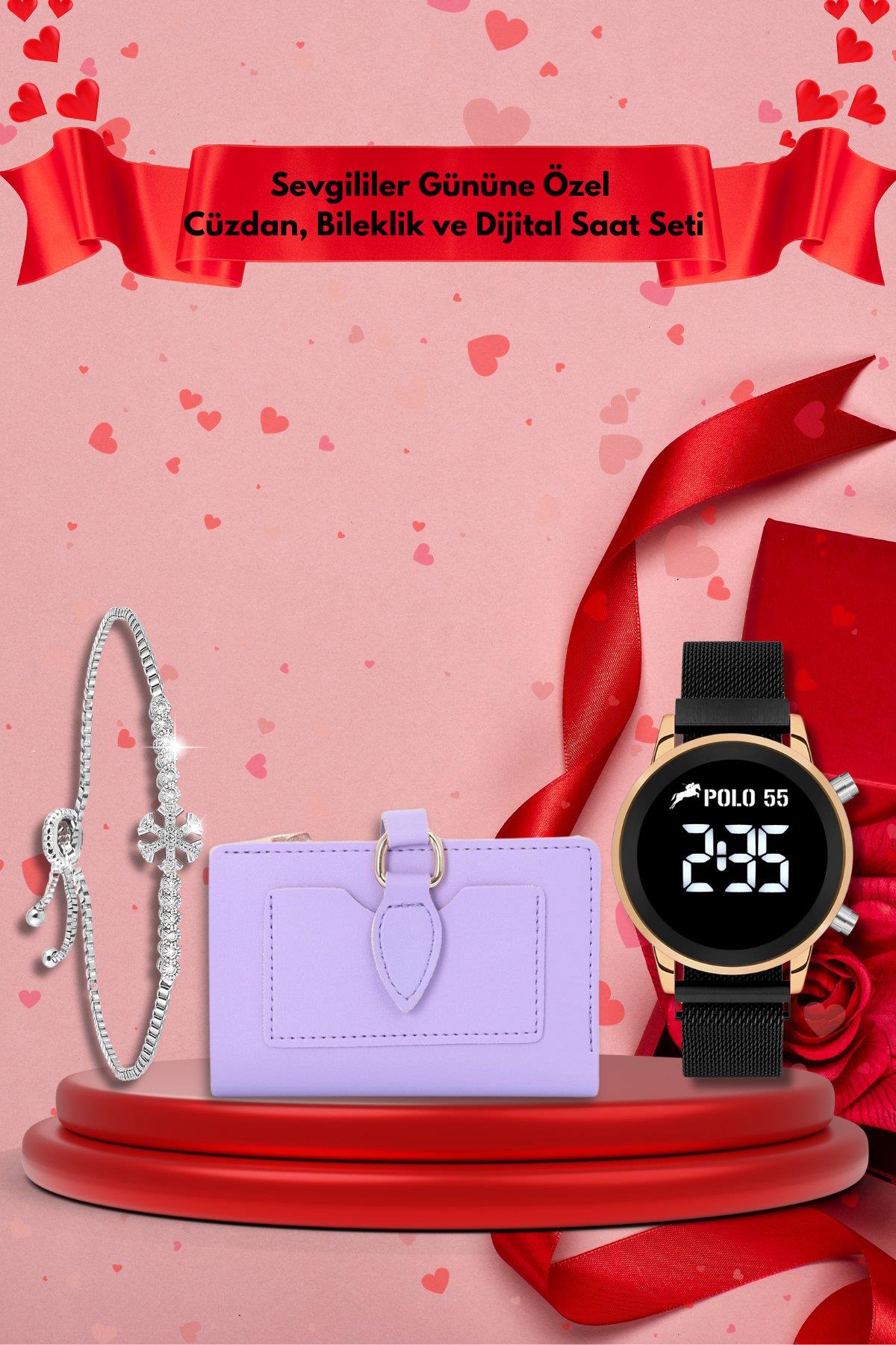Sevgililer Gününe Özel Lila Cüzdan, Bileklik ve Dijital Saat Seti