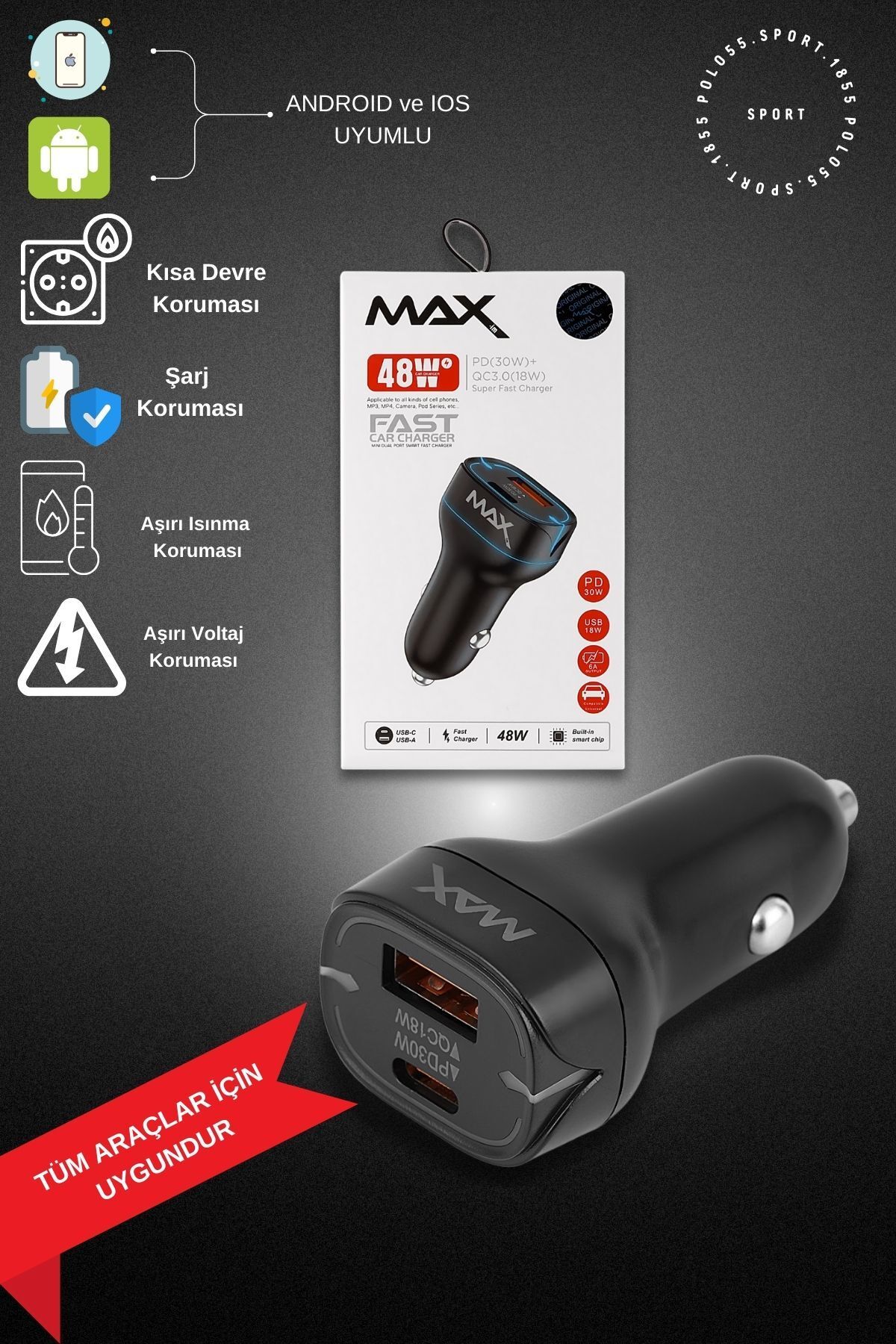 48W Pd Type-A + Type-C Usb Araç Içi  Siyah Şarj Adaptörü Başlığı