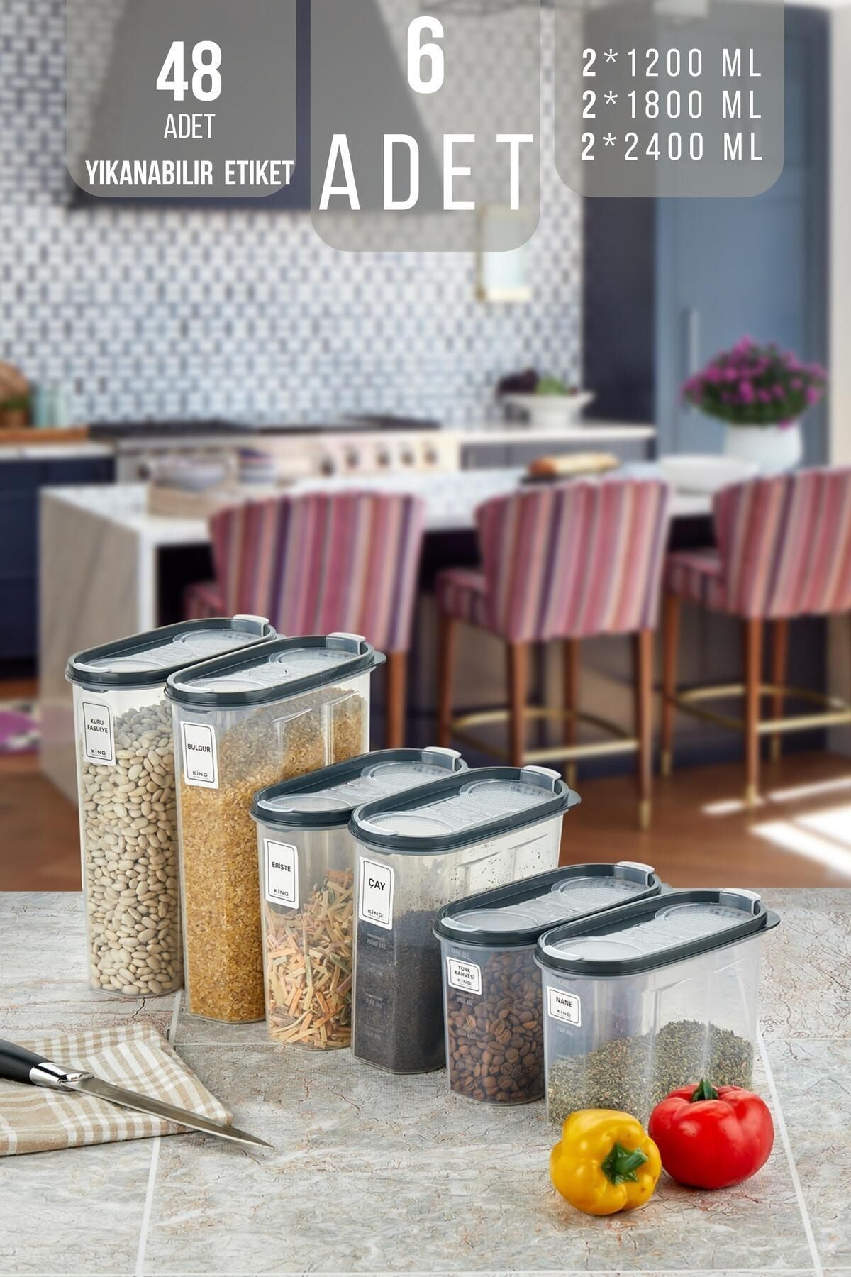 6lı Sızdırmaz Kapaklı Erzak Saklama Kabı 2 X ( 1200 Ml, 1700 Ml, 2400 Ml ) Kmmsk-01-kavanoz