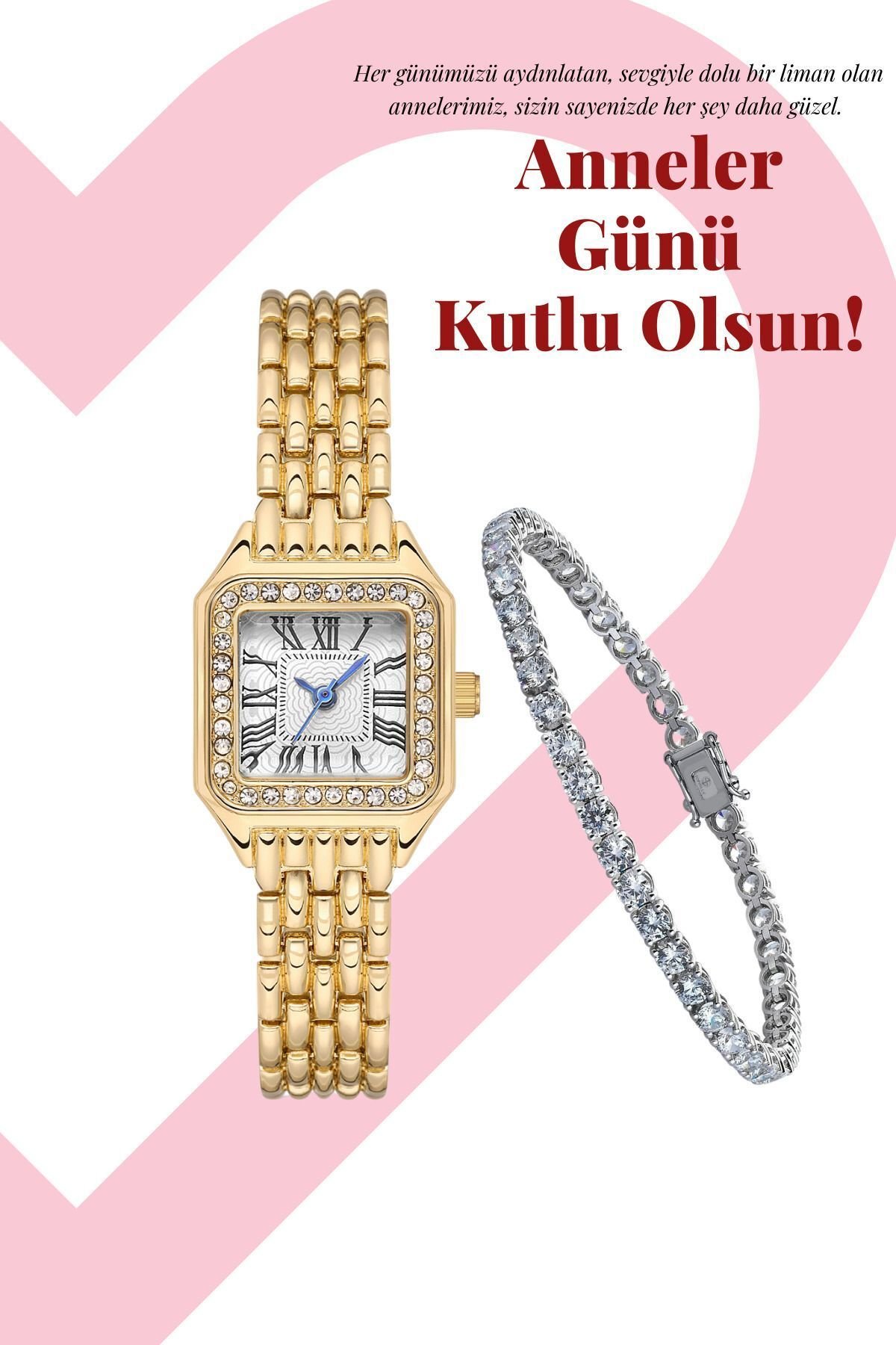 Anneler Gününe Özel Taş Detaylı Zarif Saat ve Bileklik Seti