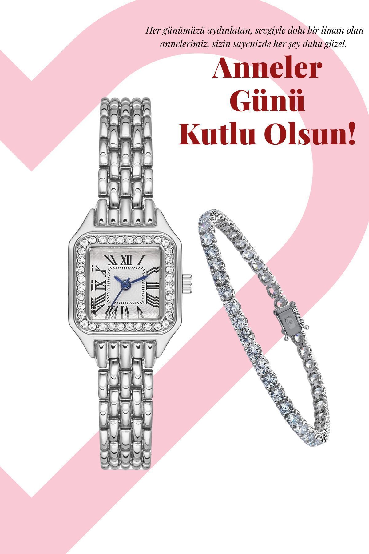 Anneler Gününe Özel Taş Detaylı Zarif Saat ve Bileklik Seti