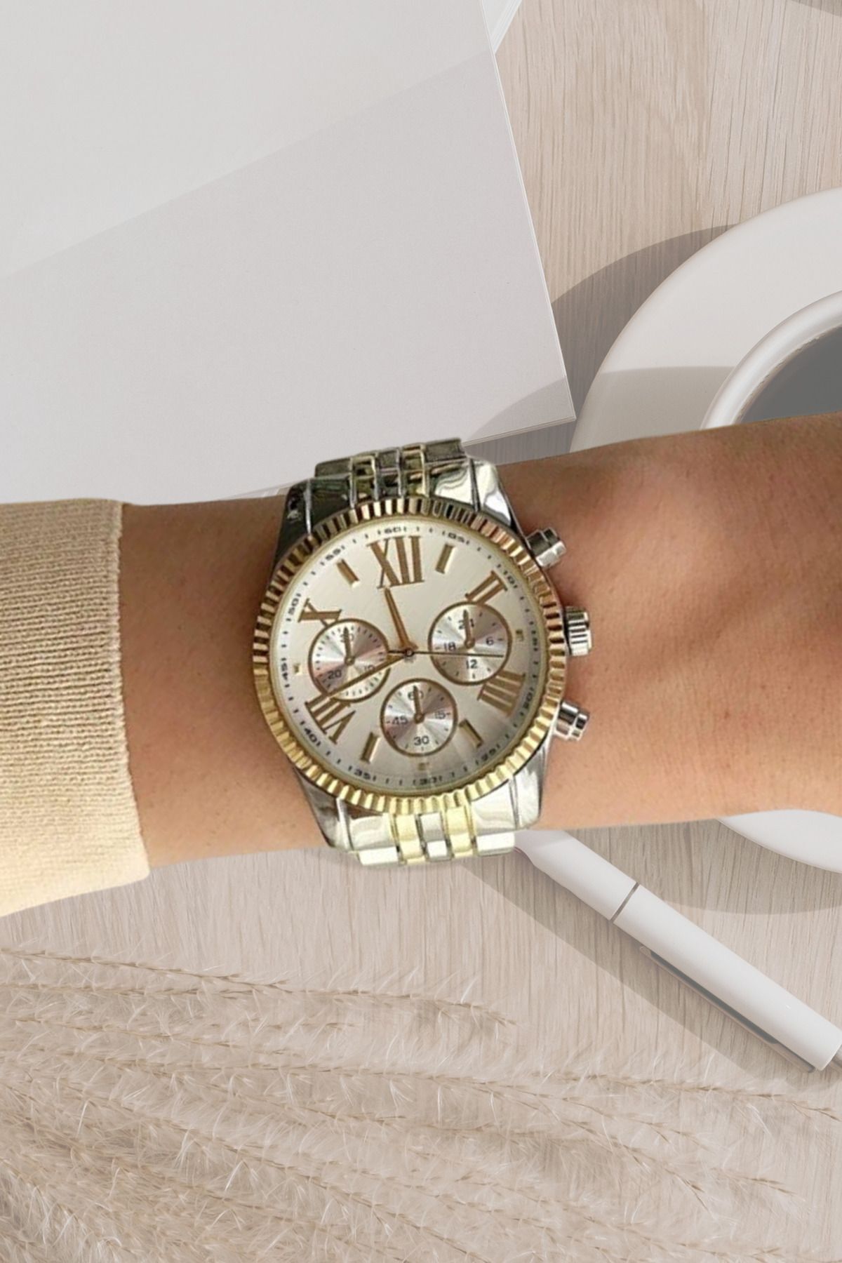 Gold-Gümüş Renkli Dekoratif Kadran Metal Kadın Kol Saati