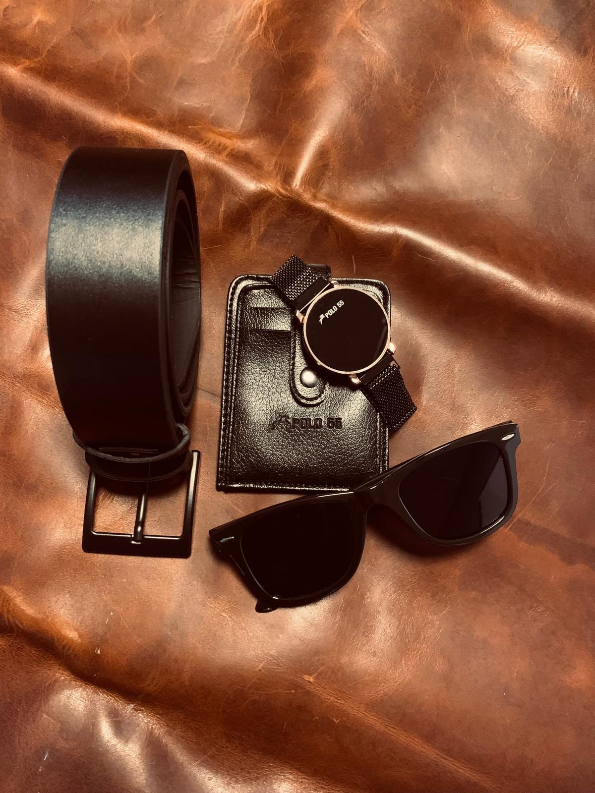 Klasik Erkek Siyah Cüzdan Kemer Kartlık Güneş Gözlüğü Seti