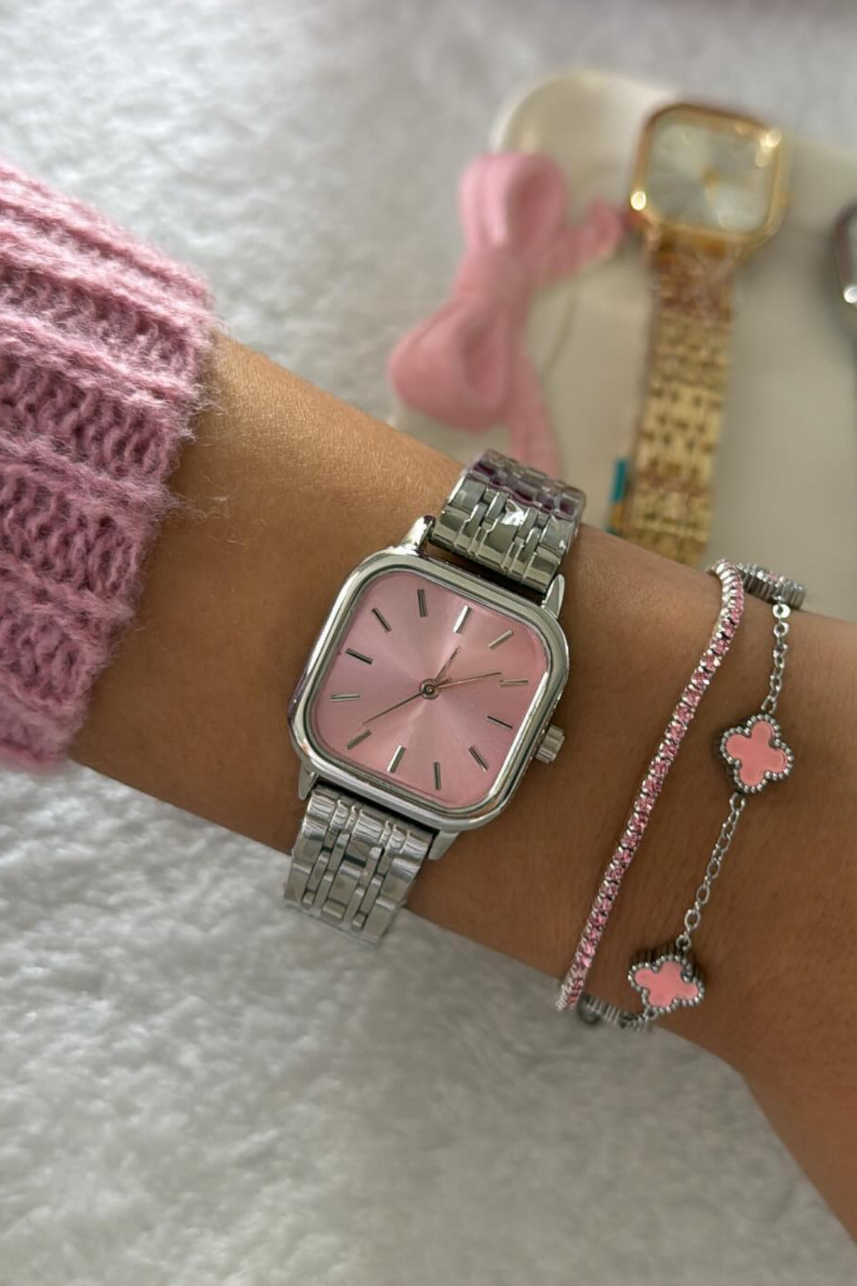 Minimal Kare Metal Pembe Kadran Kadın Kol Saati