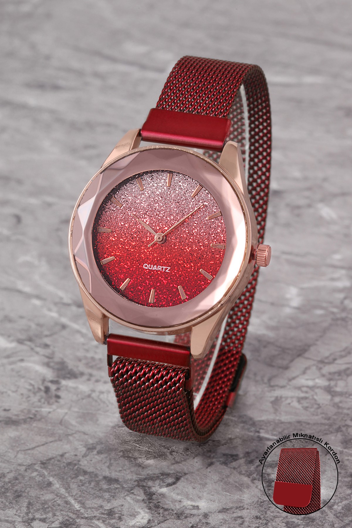 PLKHM004R03 Simli Parlak Kadran,Prizma Cam,Hasır Örme Mıknatıslı Kordon, Kadın BORDO Kol Saati
