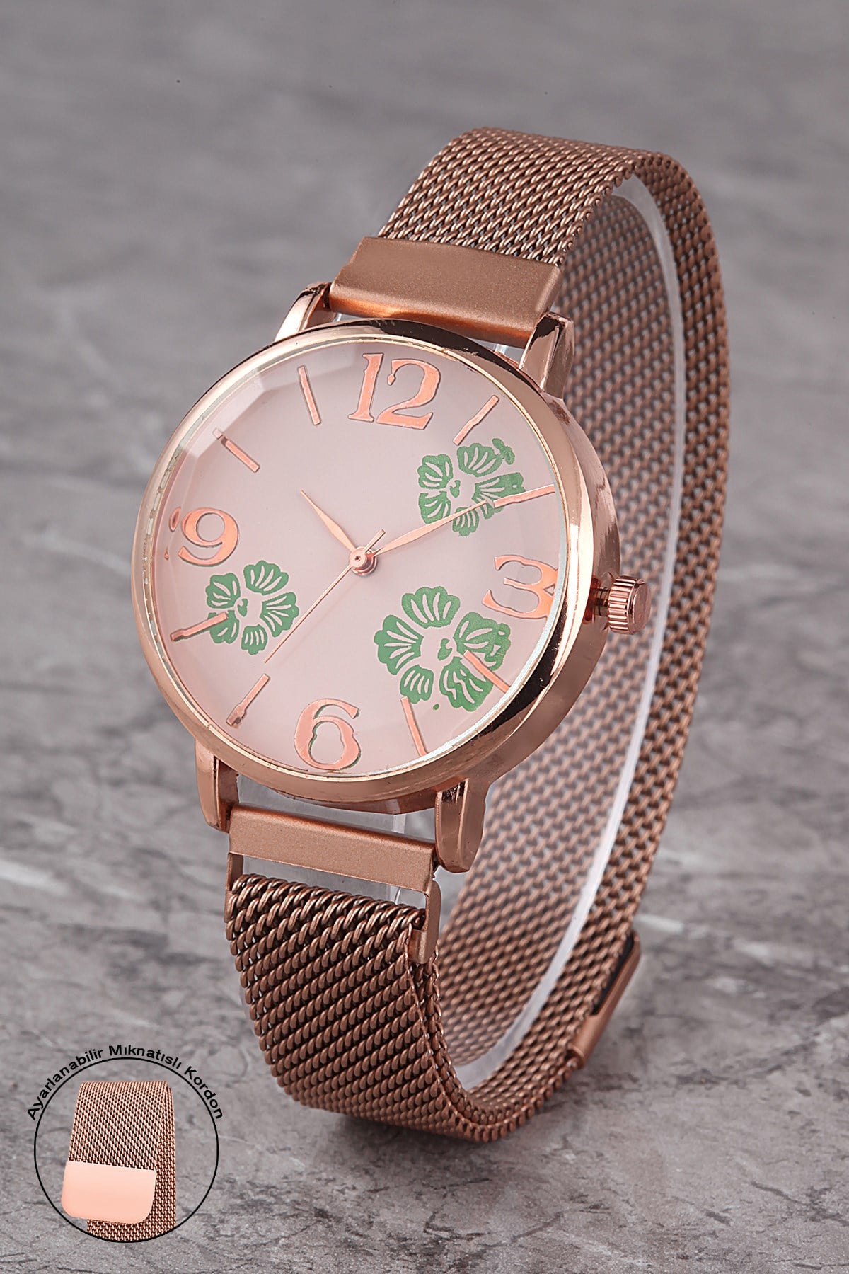 PLKHM018R04 KADIN ROSE ÇİÇEK DESENLİ KADRAN MIKNATISLI HASIR KORDON KOL SAATİ