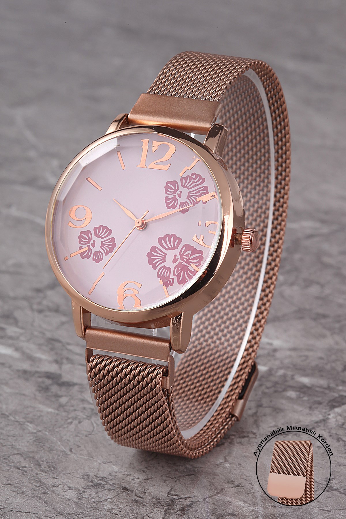 PLKHM018R06 KADIN PEMBE ÇİÇEK DESENLİ KADRAN MIKNATISLI HASIR KORDON KOL SAATİ